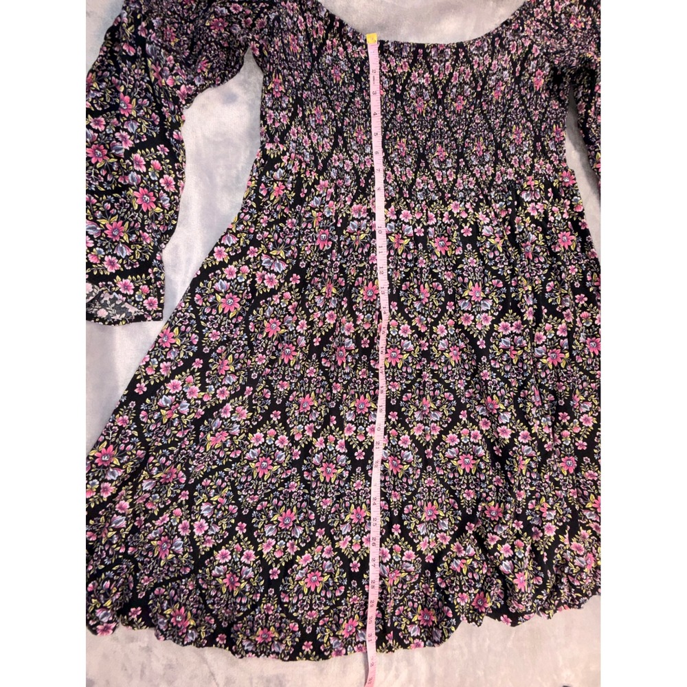 Torrid Womens Black Pink Floral Smocked Off The Shoulder Bell Sleeve Mini Dress - Picture 4 of 13
